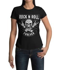 Modern Stylische Bekleidung Damen Shirt Motiv Rock n Roll T-Shirt Bones Tshirt Frauen Totenkopf Heavy Metal Rockige Kurzarm Horns Horn Grunge Clothes Vintage Punk Schwarz Weiß Rosa Grau (Schwarz, M) von knut Fashion & Streetwear