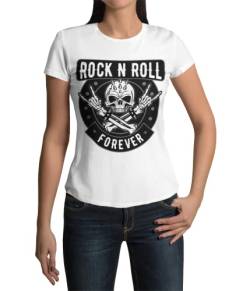Modern Stylische Bekleidung Damen Shirt Motiv Rock n Roll T-Shirt Bones Tshirt Frauen Totenkopf Heavy Metal Rockige Kurzarm Horns Horn Grunge Clothes Vintage Punk Schwarz Weiß Rosa Grau (Weiß, XXL) von knut Fashion & Streetwear