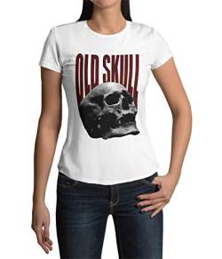 Old Skull Totenkopf Schädel Skull T-Shirt Damen Kurzarm Rundhals Oberteil Gothic für Frauen Vintage Top aus Baumwolle Regular Fit schwarz weiß Gr. XS-XXXL (Weiß, M) von knut Fashion & Streetwear