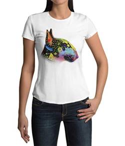 Premium Damen T-Shirt Aufdruck Miniatur Bullterrier Frauen Shirt für Hundefans Regular Fit in Gr. XS -XXXL (Weiß, L) von knut Fashion & Streetwear