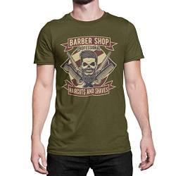 Stylisch Modernes Totenkopf Barbershop Herren T-Shirt Unisex Hardcore Schädel Skull Tshirt Kurzarm Oberteil für Männer mit Bart Vintage aus Baumwolle Regular Fit Schwarz Khaki S-5XL (Khaki, M) von knut Fashion & Streetwear