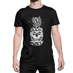 Totenkopf Herren Ananas T-Shirt Pineapple Skull Hardcore Schädel Biker Tshirt Kurzarm Oberteil für Männer Shirt aus Baumwolle Regular Fit Schwarz Weiß Blau XS-5XL (Schwarz, XL) von knut Fashion & Streetwear