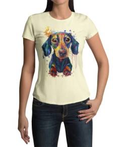 Trendig Stylisches Premium Damen T-Shirt Dackel Hund Teckel Hundefans Kurzarm Oberteil Tailliert Zwergdackel für Frauen Vintage Top aus Baumwolle Regular Fit Schwarz Weiß XS-XXL (Anis Flower, M) von knut Fashion & Streetwear