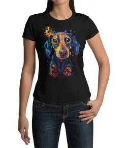 Trendig Stylisches Premium Damen T-Shirt Dackel Hund Teckel Hundefans Kurzarm Oberteil Tailliert Zwergdackel für Frauen Vintage Top aus Baumwolle Regular Fit Schwarz Weiß XS-XXL (Schwarz, XXL) von knut Fashion & Streetwear