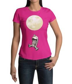 Trendiges Damen Tshirt mit Astronaut Mond Luftballon Aufdruck Frauen T-Shirt modernes Oberteil mit Planeten Motiv tailliert Shirt in Schwarz oder Pink Gr. XS-XXXL (S, Dark Pink) von knut Fashion & Streetwear
