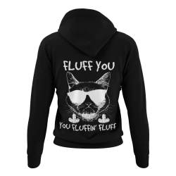 Weicher Damen Hoodie mit Druck -Fluff You Fluffin Fluff- Süßer Katzen Pullover für Tierliebhaber Frauen Kapuzensweatshirt mit Funny Cat Kitten und lustigen Spruch in den Gr. XS-XXXL (Schwarz, L) von knut Fashion & Streetwear