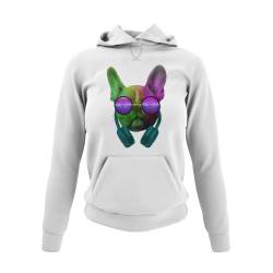 knut Fashion & Streetwear Französisch Bulldog mit Kopfhörer Damen Hoodie Kapuzen Oberteil für Frauen mit Bully Kapuzenpullover super kuschlig Regular Fit Gr. XS-XXXL von knut Fashion & Streetwear