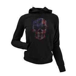 knut Fashion & Streetwear Frauen Hoodie Motiv Skull USA Flag Damen Kapuzen-Pullover Totenkopf Schädel Ladyfit in Schwarz oder Weiß Gr. XS-3XL (Schwarz, XS) von knut Fashion & Streetwear