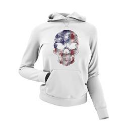 knut Fashion & Streetwear Frauen Hoodie Motiv Skull USA Flag Damen Kapuzen-Pullover Totenkopf Schädel Ladyfit in Schwarz oder Weiß Gr. XS-3XL (Weiß, S) von knut Fashion & Streetwear