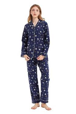 kolipajam Damen 100% Baumwoll-Flanell-Schlafanzug-Set - Gemütlicher Winter-Pyjama mit Kordelzug an der Taille von kolipajam