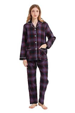 kolipajam Damen 100% Baumwoll-Flanell-Schlafanzug-Set in Garn gefärbt - Gemütlicher Pyjama mit Langen Ärmeln für den Winter von kolipajam