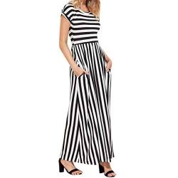 Kleid Damen Kolylong® Frauen Vintage gestreiftes langes Kleid Sommer elegant Strandkleid Partykleid Abendkleid Sommerkleid (M, Schwarz) von koly-clothes