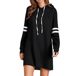 koly-clothes Kleid Damen Kolylong® Frauen Elegant Gestreift Pullover Kleid mit Kapuze Herbst Hoodie Sweatshirt Lange Loose Mantel Sportkleid Langarm Shirt Tops (S, Schwarz) von koly-clothes