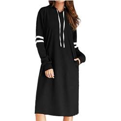 koly-clothes Kleid Damen Kolylong® Frauen Elegant Gestreift Pullover Kleid mit Kapuze Herbst Hoodie Sweatshirt Lange Loose Mantel Sportkleid Langarm Shirt Tops (XL, Black-lang) von koly-clothes