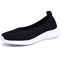 konhill Damen Sneaker Flache Schuhe - Atmungsaktiv Slip On Geschlossene Ballerinas Bequeme Freizeitschuhe Mesh-Walking-Loafer EU 38 Schwarz von konhill