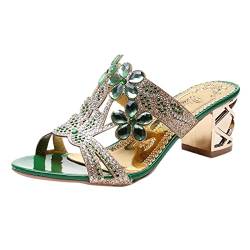 Silberne Schuhe Damen Pumps Fersen Sandalen Absatz Dicke Mode Strass Fish Sandalen für Frauen S Damenschuhe 39 (Green, 39) von koperras