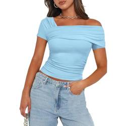Damen Sexy One Off Shoulder Kurzarm Top Ruched Going Out Tops Slim Fit Y2K Shirt Crop Top, Blau, Mittel von korssyee