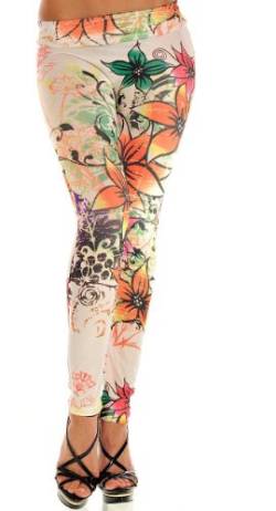 Leggings in Blumen Muster Tattoo Style Comic Print Leggins Einheitsgröße 34-44, Farbe:weiss von krautwear