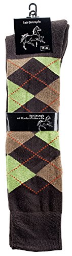 krautwear® 2 Paar Damen Herren Mädchen Kinder Reit-Kniestrümpfe Kniestrümpfe Reitstrümpfe Dicke Polstersohle Temperaturregulierend Karo Muster Baumwolle-Braun/Grün-31-34 von krautwear