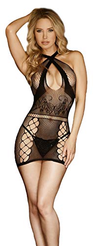 krautwear® Damen Bodystocking Minikleid Ouvert Fischernetz Straps Muster Sexy Netz Catsuit String Body Netzbody Offen (217) von krautwear