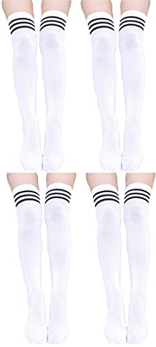 krautwear® Damen Mädchen 4x Cheerleader College Kniestrümpfe 3 Streifen Gestreifte Overknees Über Knie-Lange Geringelte Strümpfe Geringelt Streifen, 4xweiss-schwarz, one size von krautwear