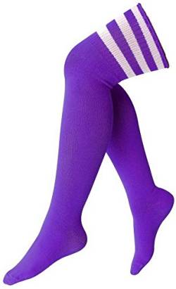 krautwear® Damen Mädchen Kinder Cheerleader Kniestrümpfe Gestreift mit 3 Streifen Gestreifte Overknees Geringelte Strümpfe Socks bunt (Lila-weiß) von krautwear