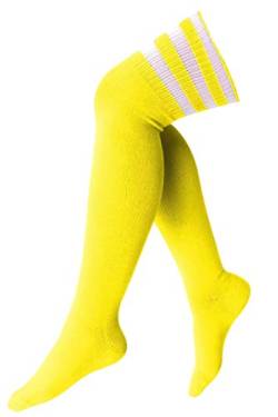 krautwear® Damen Mädchen Kinder Cheerleader Kniestrümpfe Gestreift mit 3 Streifen Gestreifte Overknees Geringelte Strümpfe Socks bunt (gelb/weiß) von krautwear