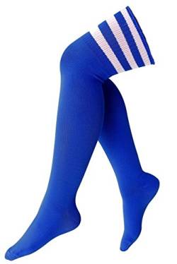 krautwear® Damen Mädchen Kinder Cheerleader Kniestrümpfe Gestreift mit 3 Streifen Gestreifte Overknees Geringelte Strümpfe Socks bunt Bunt (Blau-Weiss) von krautwear
