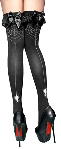 krautwear Damen Halterlose Schwarze Strümpfe mit Spinnen Netz Muster Hinten Karneval Halloween (Schwarz-2103) von krautwear