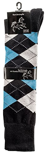 krautwear Damen Herren Mädchen Kinder Reit-Kniestrümpfe Kniestrümpfe Reitstrümpfe Dicke Polstersohle Temperaturregulierend Karo Muster Baumwolle, Schwarz/Türkis, 31-34 von krautwear