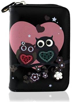 kukubird Little Owls Couple Love Heart Pattern Large Medium Wallet Clutch Purse-Black von kukubird