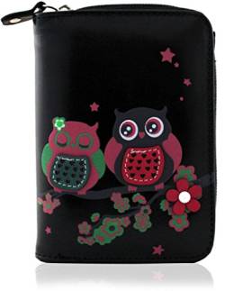 kukubird Medium Wallet 2 Owls on Pink Flower Branch - Black von kukubird