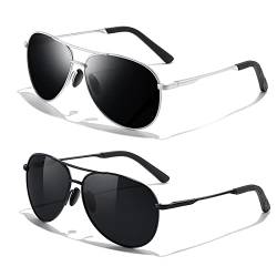 kunchu 2 Stück Fliegerbrille Sonnenbrille-für-Herren-Damen-Pilotenbrille-Retro Vintage Polarisiert Sunglasses Set Schwarz Piloten Brille mit UV400 Schutz Fahrerbrille Verspiegelt Brille für Men,2 von kunchu