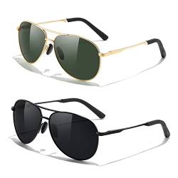 kunchu 2 Stück Fliegerbrille Sonnenbrille-für-Herren-Damen-Pilotenbrille-Retro Vintage Polarisiert Sunglasses Set Schwarz Piloten Brille mit UV400 Schutz Fahrerbrille Verspiegelt Brille für Men,5 von kunchu