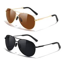 kunchu 2 Stück Fliegerbrille Sonnenbrille-für-Herren-Damen-Pilotenbrille-Retro Vintage Polarisiert Sunglasses Set Schwarz Piloten Brille mit UV400 Schutz Fahrerbrille Verspiegelt Brille für Men,7 von kunchu