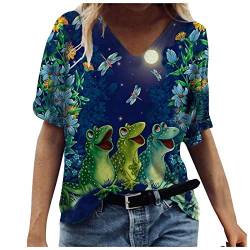 T-Shirt Damen V Ausschnitt Kurzarm/Langarm Sommer Casual Farbblock T Shirt Kurzarm Oberteile Blumen Motiv Tunika Top Bluse Oversize Oberteil (Grün,M) von kushuang