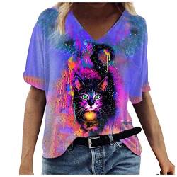 T-Shirt Damen V Ausschnitt Kurzarm/Langarm Sommer Casual Farbblock T Shirt Kurzarm Oberteile Blumen Motiv Tunika Top Bluse Oversize Oberteil (Lila,M) von kushuang