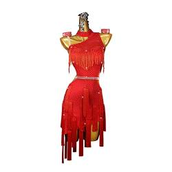 Damen Fransen Latin Dance Kleider Latein Turnierkleid Ballsaal Rückenfrei Salsa Samba Rumba ChaCha Kostüm Geschenke für Frauen (M,Red) von kzytamz