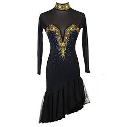 Damen Latein Tanzkleider Ballsaal Hoher Kragen Lange Ärmel Samba Kostüm Schräger Saum Lateinisches Turnierkleid Für Frauen Flamenco Kleid Salsa Tanzen Outfit (XL,Black) von kzytamz