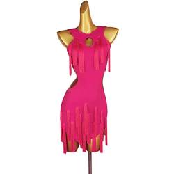 Damen Rückenfrei Latein Tanzkleider Ballsaal Salsa Samba Rock Latein Turnierkleid Tutu Unregelmäßiger Saum mit Fransen Für Frauen Flamenco Kleid Foxtrot Praxisrock (XXL,Rose red) von kzytamz