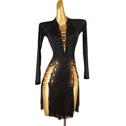 Latein Tanz Kleid für Damen Fransen Latin Dance Kleider für Frauen Split Leg Latin Turnierkleid Ballsaal Schwarz Tiefer V-Ausschnitt Salsa Samba Kostüm (L,Black) von kzytamz