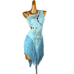 Lateinisches Tanzkleid Damen Fransen Latin Dance Kleider für Frauen Ballsaal Salsa Samba Rumba ChaCha Kostüm Beruf Latin Competition Dress Walzer Performance Kleid (L,Lake Blue) von kzytamz