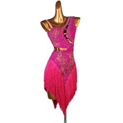 Lateinisches Tanzkleid Damen Fransen Latin Dance Kleider für Frauen Ballsaal Salsa Samba Rumba ChaCha Kostüm Beruf Latin Competition Dress Walzer Performance Kleid (S,Rose red) von kzytamz
