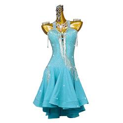 Salsa Kleid Damen Latein Tanzkleid Strass Pailletten Quaste Flapper Kleid Trägerloses Abendkleid Mit Unregelmäßigem Fransen-Cha-Cha-Outfits für modernen Tanz (L,Blue) von kzytamz
