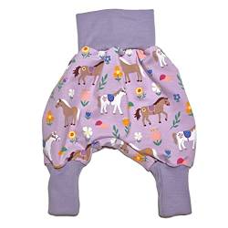 la.nunu Hose für Mädchen - Pferde Flieder 62-68 - Kinderhose aus Baumwolle - Handarbeit - Baby Kinder Pumphose Jogger Jogginghose Haremshose Mitwachshose von la.nunu