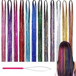 12 Farben Haarteile Colored, Lametta Glitzer Strähnen, Glitzer Strähnen Haare, Hair Extension Glitter für Haare Mit Werkzeug, für Frauen Haarverlängerungen, Cosplay Partybedarf 90cm von lankai