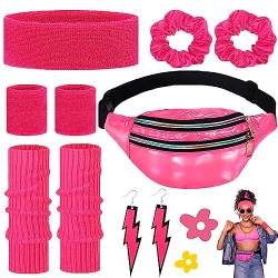 6 Stück Neon Party Outfit, 80 Jahre Kostüm Zubehör Für Damen Set, 90er Kleidung Accessoires, Bauchtasche Beinwärmer Stirnband Armband Ohrringe Haarring Für 80er Mottopartys, Yoga-Workouts (Rose Rot) von lankai