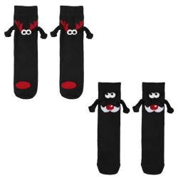 lasuroa 2 Paar Weihnachtssocken, Magnetische Hand Halte Socken Niedliche Lustige Socken Paar Händchenhalten Socken für Paare Damen und Herren (Geweih und Rote Nase) von lasuroa