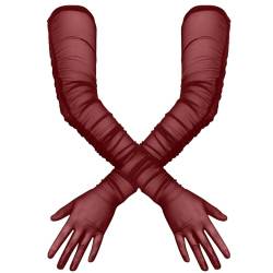 lasuroa Lange Handschuhe für Damen, Stretch-Falten Sexy Handschuhe Transparente Tüll Handschuhe 1920er-Jahre Handschuhe Opernhandschuhe für Opern Weihnachts Halloween Kostümparty (Tiefrot) von lasuroa