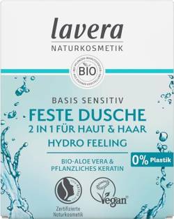 lavera Feste Dusche 2 in 1 basis sensitiv Hydro Feeling - mit Bio-Aloe Vera und pflanzlichem Keratin - reinigt ohne auszutrocknen - 3x ergiebiger als flüssiges Duschgel - Naturkosmetik - 1 Stk / 50g von lavera